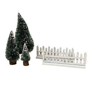 Vtg Lemax Christmas Village Accessories Bottle Brush Trees 2 White Picket Fences